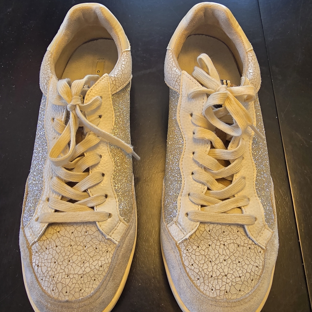 CORINA Glitter Crackle Low Top‎ Sneakers Beige Silver Lace Up Athletic Shoes 8